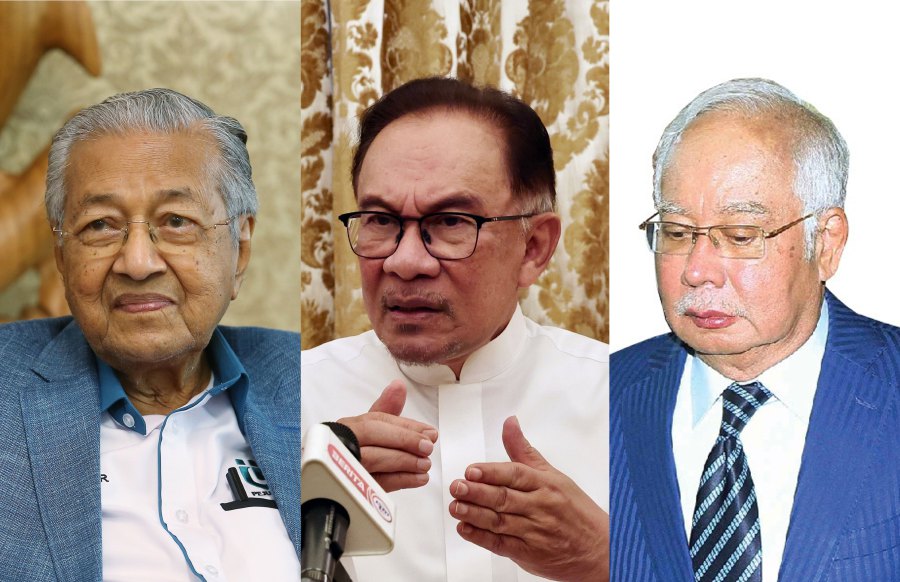 From left Tun Dr Mahathir Mohamad, Datuk Seri Anwar Ibrahim and Datuk Seri Najib Razak. -FILE PIC