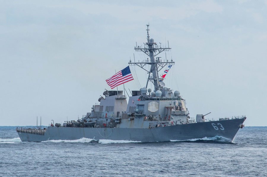 The Arleigh Burke-class guided-missile destroyer USS Stethem (DDG 63) steams during a three-carrier strike force photo exercise in the Western Pacific REUTERS FILE PIC
