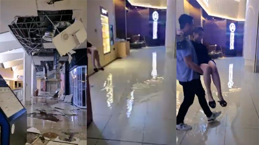 Heavy rain caused the third floor of a mall in Bayan Lepas here to be inundated with water after part of its ceiling came crashing down last night. - Pic credit social media