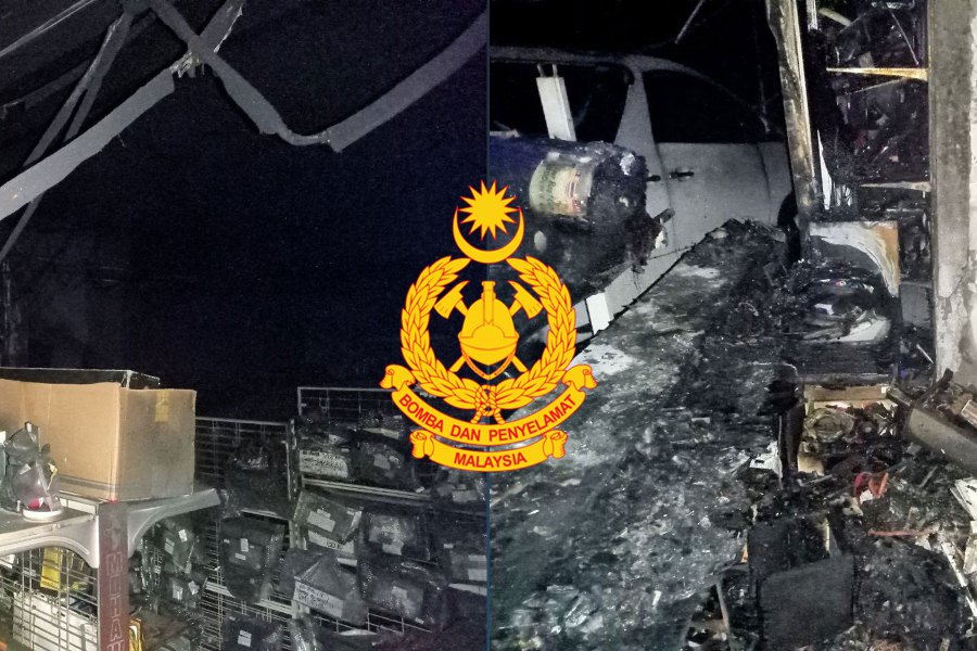 Five vehicles were damaged when a fire broke out at a car accessories workshop at Jalan Sagu 15, Taman Daya, here, yesterday. PICS COURTESY OF FIRE & RESCUE DEPT