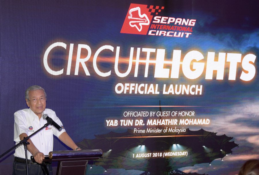 Prime Minister Tun Dr Mahathir Mohamad delivers his speech during the launch of the Sepang International Circuit (SIC) lights in Sepang. Pic by AHMAD IRHAM MOHD NOOR