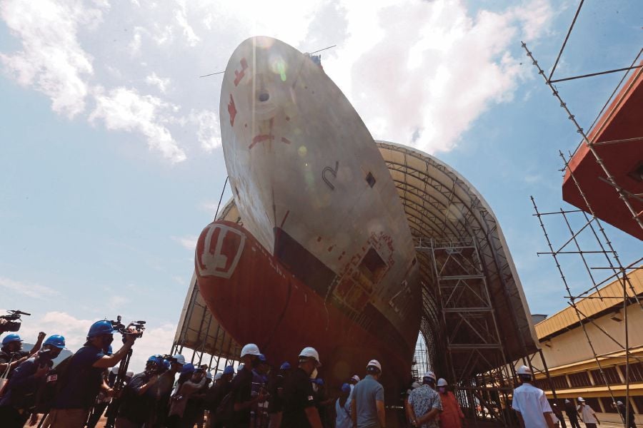 The incomplete hull of KD ‘Maharajalela’, the lead vessel of Malaysia’s littoral combat ship project, at Boustead Naval Shipyard in Lumut last year. FILE PIC 
