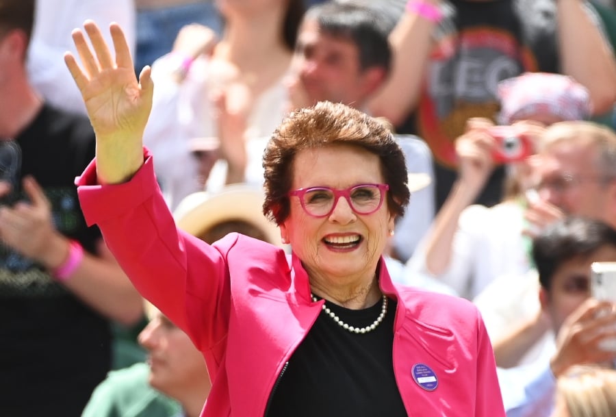 Tennis legend Billie Jean King greeting the crowd at the Wimbledon Championships in Wimbledon, Britain, last month. -- Pic: EPA 