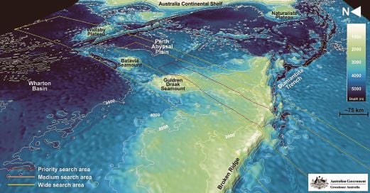 A handout image obtained from Geoscience Australia on September 27, 2014, shows a three-dimensional model of the seafloor terrain based on sparse pre-existing data, some of which has been derived from satellite gravity measurements and some from ocean passage soundings. The bathymetric survey currently underway is focused on gathering more detailed and higher resolution data in preparation for the underwater search phase. Remnants of volcanoes, towering ridges and deep trenches have been discovered on the seabed of the southern Indian Ocean by experts mapping the underwater terrain as part of the search for missing Malaysian Airlines flight MH370.