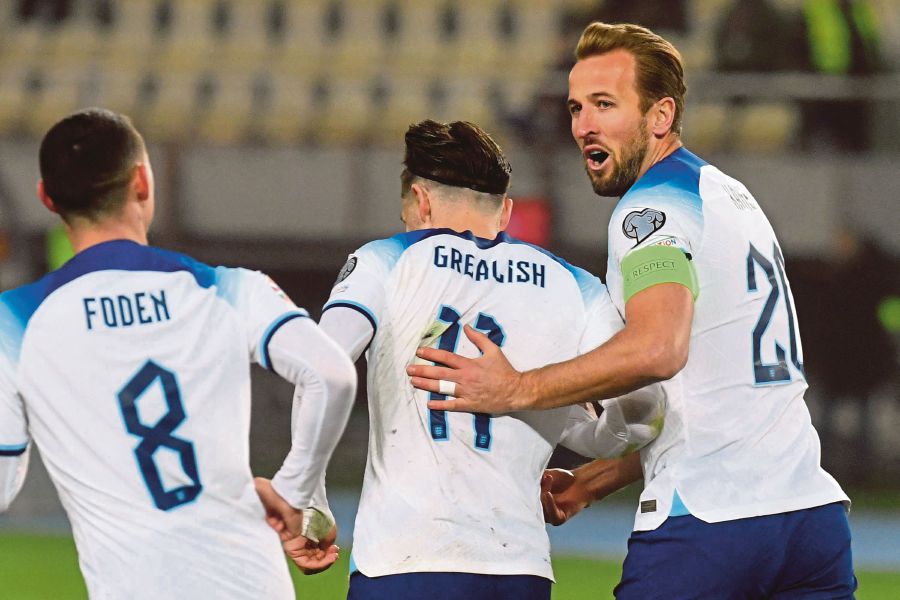 England's striker #20 Harry Kane (R) celebrates a goal wduring the UEFA Euro 2024 group C qualification football match between North Macedonia and England at National Arena "Todor Proeski" in Skopje on November 20, 2023. AFP PIC