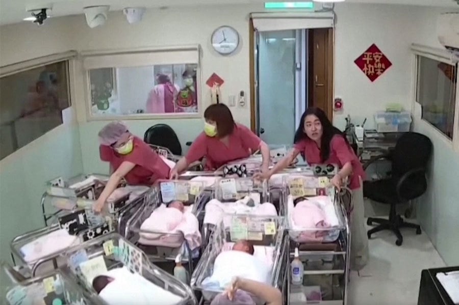 CCTV footage showed maternity staff securing newborn babies in cots during an earthquake in Taiwan on Wednesday (April 3), which killed 10 people and injured over 1,000. PIC SCREEN CAPTURED FROM REUTERS VIDEO