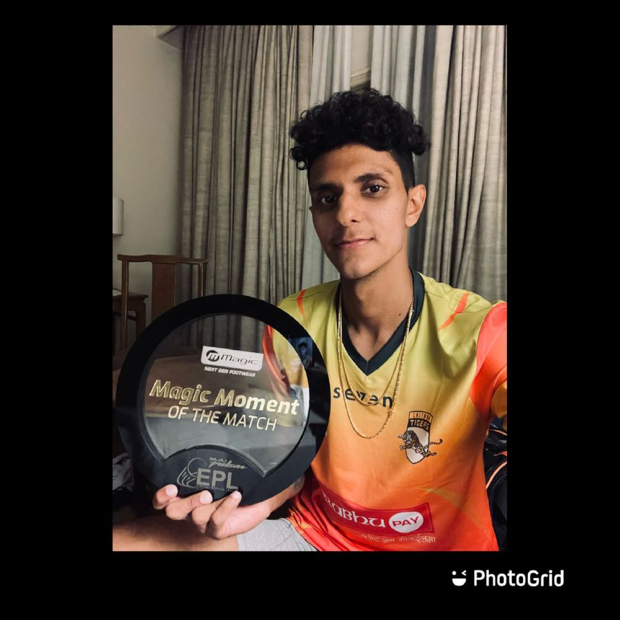 Virandeep Singh with the ‘Magic Moment of the Match’ plaque awarded by the EPL. 
