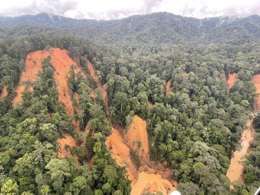 These aerial photographs, taken from the Land and Survey Department plane, shows the landslides that were caused by heavy rain that fell in the Lajak Entimau widlife sanctuary.