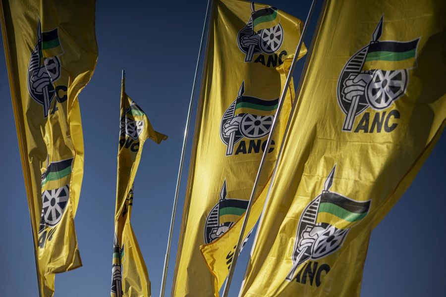 African National Congress (ANC) flags wave at the FNB Stadium before the ANC's last rally in Johannesburg. (Photo by Michele Spatari / AFP)