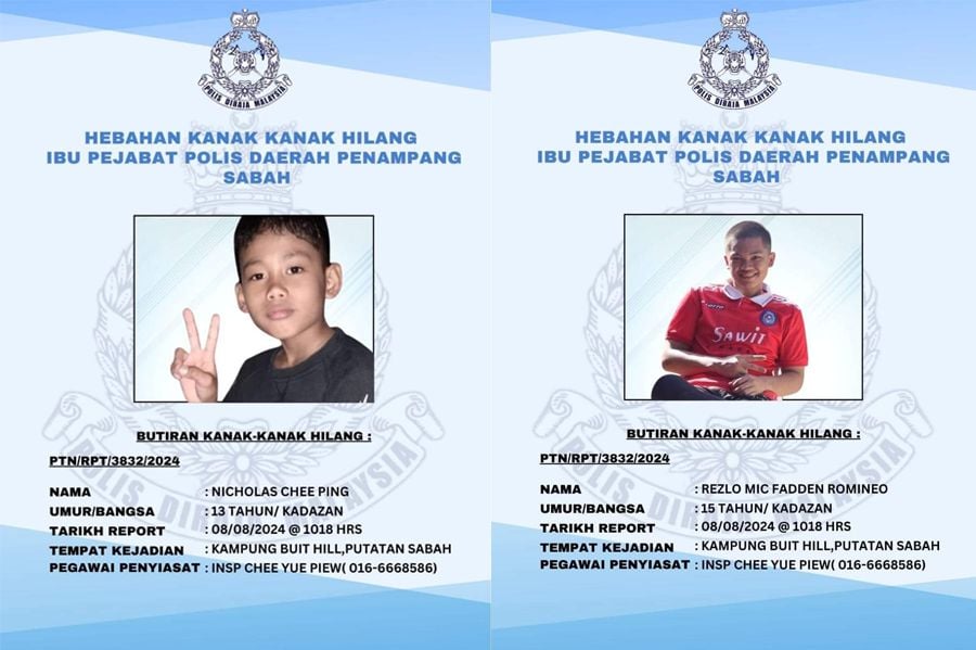 According to the alert, the missing teenagers are Nicholas Chee Ping, 13, and Rezlo Mic Fadden Romineo, 15. As of now, both teenagers, who reside in Kampung Buit Hill, Putatan, have not returned. PIC COURTESY OF POLICE