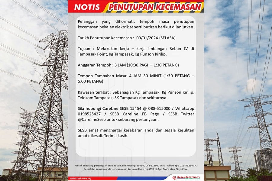Sabah Electricity Sdn Bhd (SESB) warns the people of Sabah of a possible load shedding exercise today. PIC CREDIT TO FB SESB