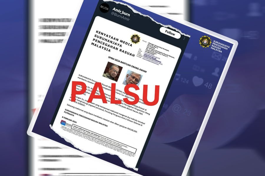 The graft busters, in a statement on Facebook today, shared a screen capture of the statement with the words “PALSU” (false) across it. PIC COURTESY OF MACC