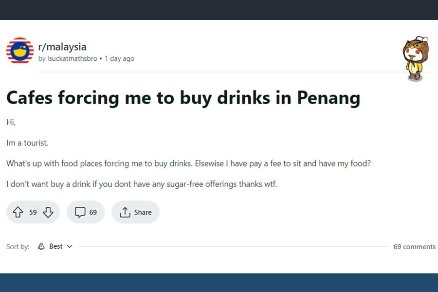 A tourist recently took to Reddit to ask Malaysians how is it eatery owners in Penang had coerced him to buy drinks if he wanted a table at which to sit. -Pic screen capture from Reddit