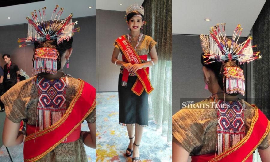 Elviana Gunong (centre) wants to promote the uniqueness of Sabung Nu Rumanau. The unique head and neck accessories (left and right). -NSTP/Ersie Anjumin