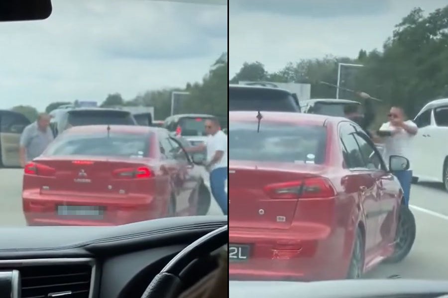 A video of a man attacking another man with a golf club, allegedly in a traffic altercation in Pagoh, Johor, has gone viral on social media. PICS SCREEN CAPTURED FROM FB VIDEO