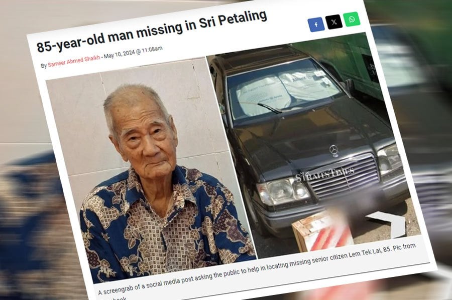 Lem Tek Lai, who was last seen leaving his home in Sri Petaling to go to his office in Salak South Garden at 3pm yesterday, was found safe and sound by members of the public at a rest stop in Melaka today. NSTP FILE PIC