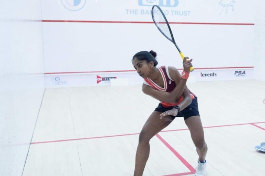 S. Sivasangari in action at the World Championships in Cairo, Egypt, on Friday. PIC FROM PSA WORLD TOUR