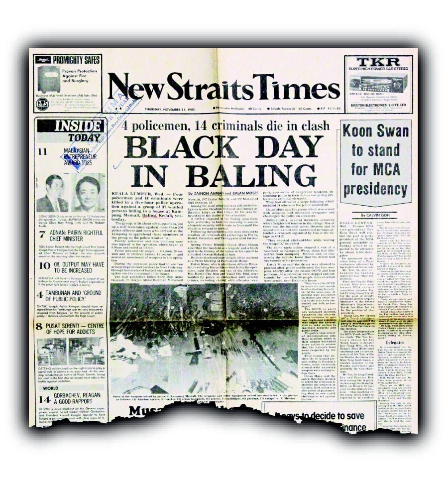  A flashback of the New Straits Times’ front page coverage of the Memali incident on Nov 19, 1985.