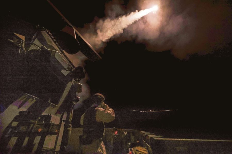 HMS Richmond, currently taking part in Operation Prosperity Guardian protecting merchant shipping in the Red Sea from Houthi rebel attacks, fires missiles to shoot down hostile Houthi drones heading towards the ship, on the Red Sea, on Saturday (March 9). — REUTERS 