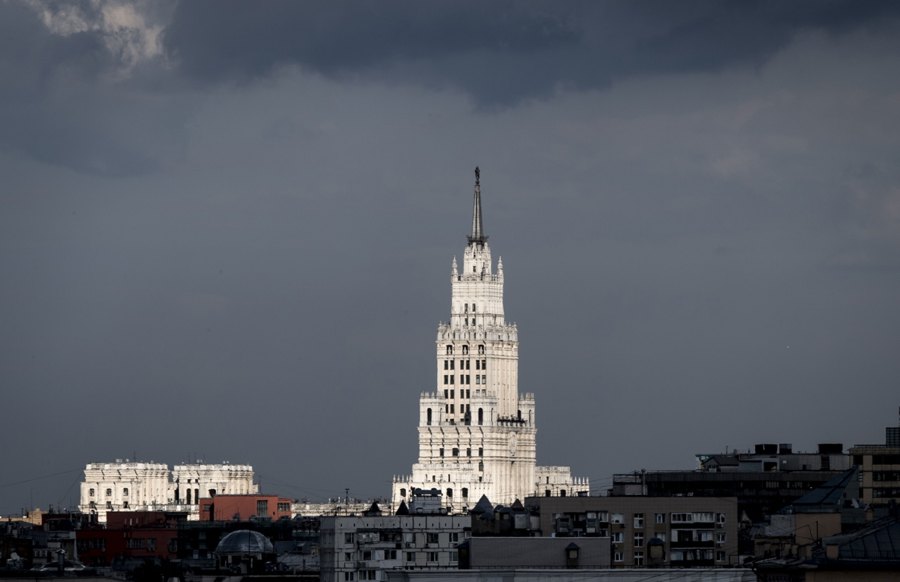 One of the seven Stalin's era skyscrapers lit by the sun following a heavy rain storm over Moscow. -AFP file pic