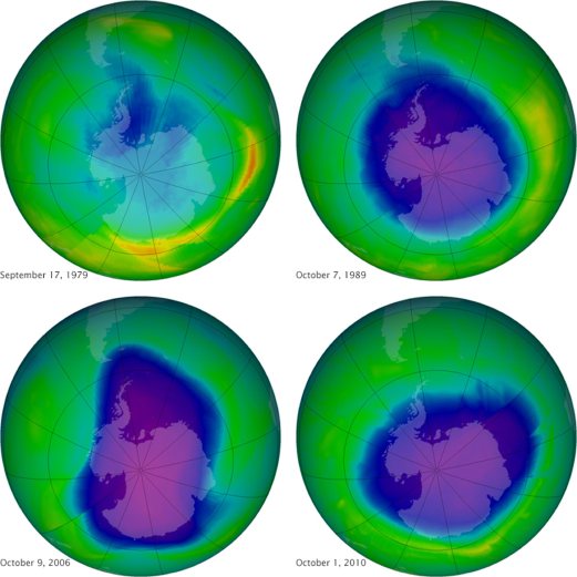 This undated image provided by NASA shows the ozone layer over the years, Sept. 17, 1979, top left, Oct. 7, 1989, top right, Oct. 9, 2006, lower left, and Oct. 1, 2010, lower right. Earth protective but fragile ozone layer is finally starting to rebound, says a United Nations panel of scientists. Scientists hail this as rare environmental good news, demonstrating that when the world comes together it can stop a brewing ecological crisis.