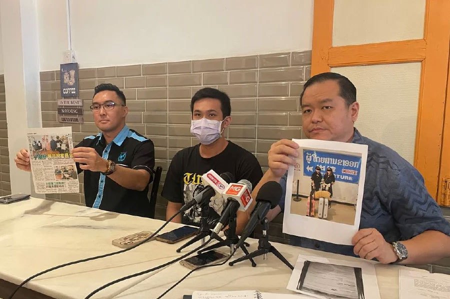 Leong (in the middle) with Deric Teh and Daniel Khoo at a press conference regarding the woman who became a victim of human trafficking in Myanmar.