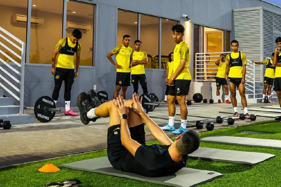 The national Under-23 team training at Qatar University in Doha on Thursday. PIC COURTESY OF FAM