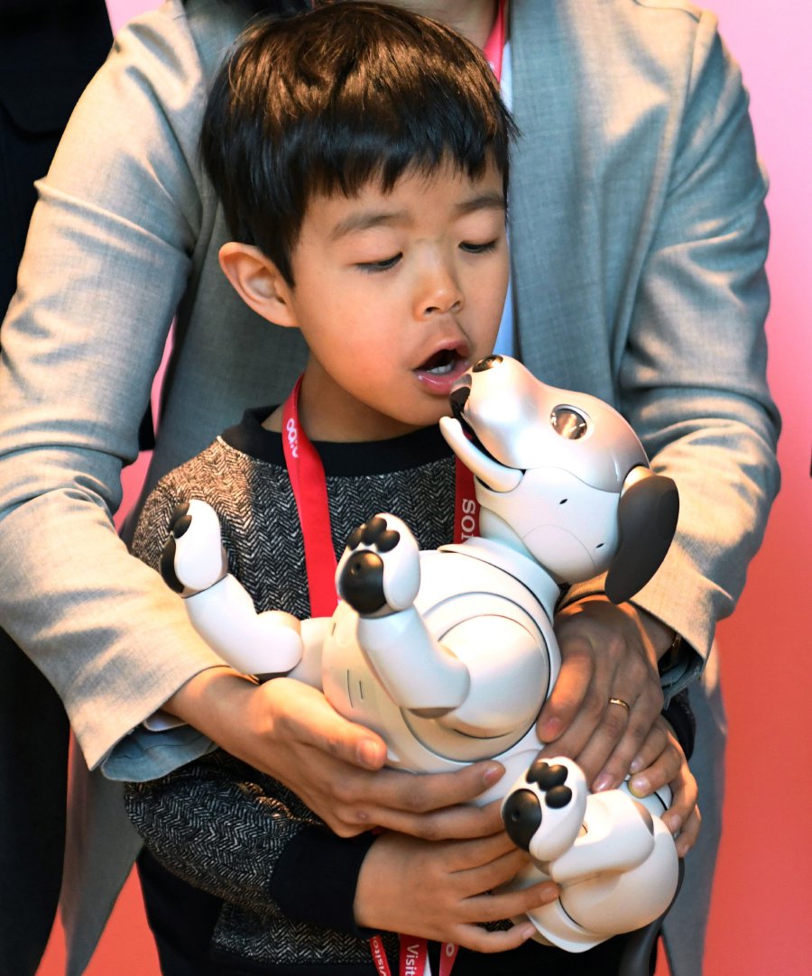 (File pix) A young boy plays with a pre-ordered Sony robot dog "Aibo" after its birthday ceremony in Tokyo on January 11, 2018. Sony marked the year of the dog by bringing back its popular Aibo robot companion canine, with the new model packed with artificial intelligence and internet capability. AFP Photo