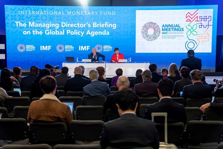 Managing Director of the International Monetary Fund (IMF) Kristalina Georgieva (C-R), with IMF Communications Department Director Gerry Rice (C-L), responds to a question from the news media during her press conference on the Global Policy Agenda at the 2022 Annual Meetings of the IMF and the World Bank Group (WBG) in Washington, DC, USA. -EPA PIC