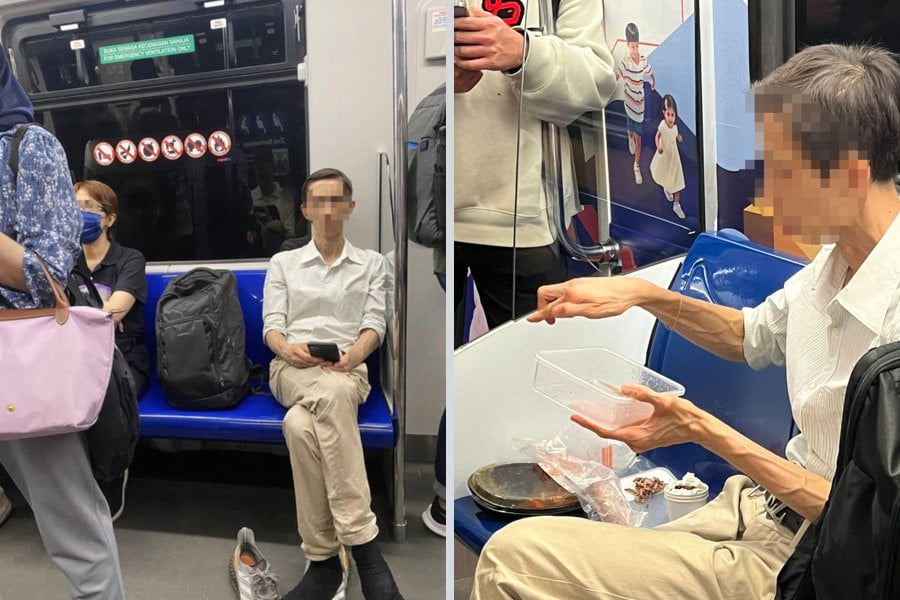 A post on X (formerly known as Twitter) showing a passenger seated on an LRT (Light Rail Transit) train with his bag occupying the seat next to him has irked netizens. PIC CREDIT SOCMED