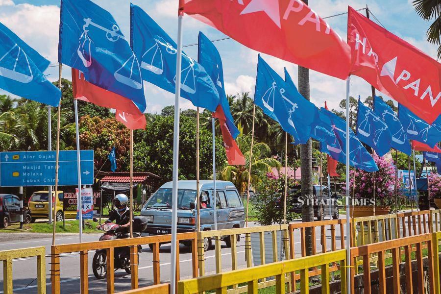 A road lined with Barisan Nasional and Pakatan Harapan flags in Masjid Tanah, Melaka, yesterday. PIC BY ASYRAF HAMZAH