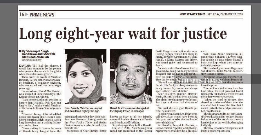 A report in the New Straits Times dated Dec 20, 2008. It was an interview with the late Noor Suzaily’s father Mukhtar Ibrahim on Hanafi Mat Hassan’s sentence. -NSTP/File pic 