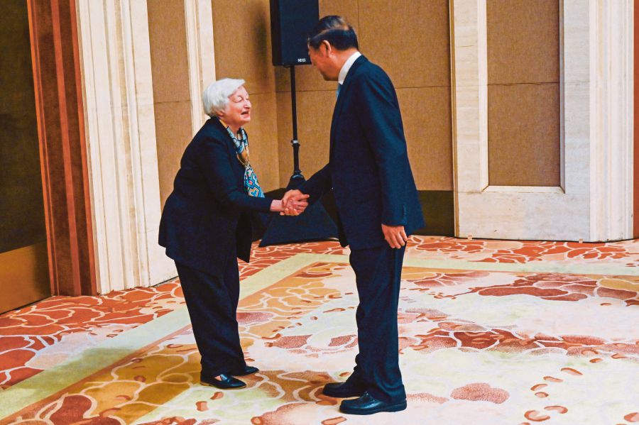 United States Treasury Secretary Janet Yellen meeting Chinese Vice- Premier He Lifeng in Beijing on July 8. AFP PIC 