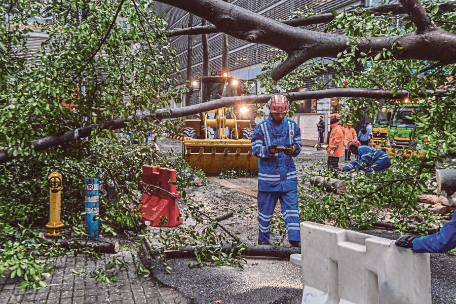 Kuala Lumpur City Hall workers removing an uprooted tree from Jalan Pinang on Monday. -- BERNAMA PIC
