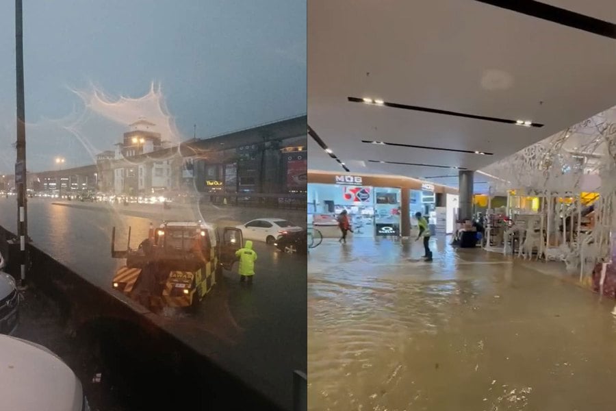 Images and videos of the flooded IOI Mall Puchong here are going viral, with mall workers seen were working hard to sweep away the waters. PICS SCREEN CAPTURED FROM FB VIDEO