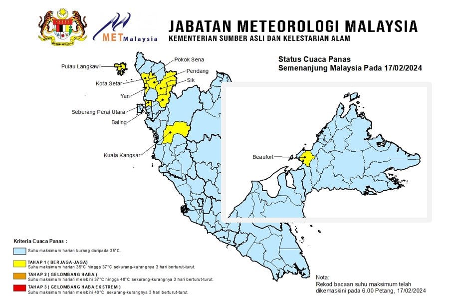 In a statement posted on its Facebook page, MetMalaysia said the nine areas in the peninsula are Langkawi Island, Kota Setar, Yan, Pendang, Pokok Sena, Sik, Baling in Kedah; Seberang Perai Utara in Penang and Kuala Kangsar, Perak, while the area affected in Sabah is Beaufort. PICS COURTESY OF MET Malaysia