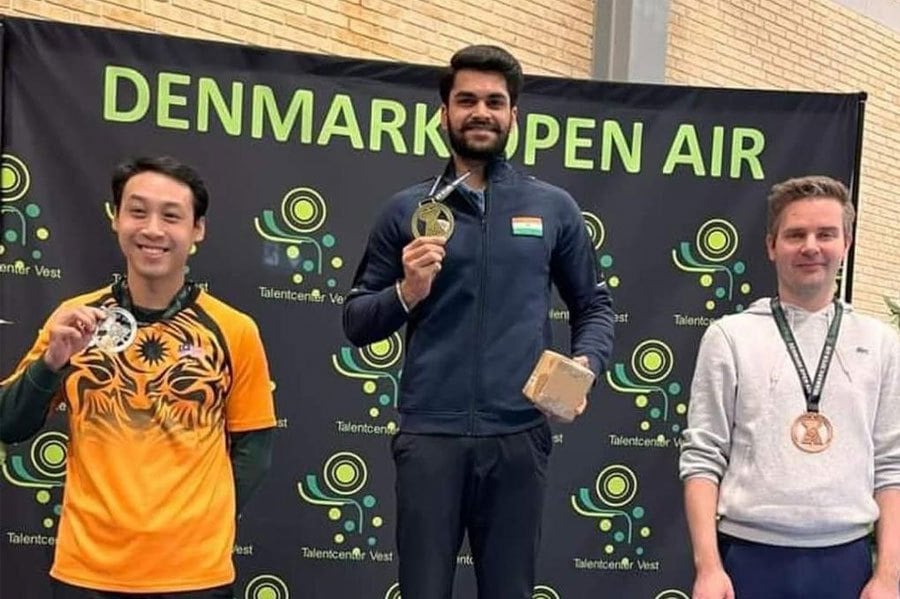 Johnathan Wong (left) with other medallists on the podium at the Denmark Open Air in Vildbjerg Sports-og Kulturcenter yesterday. PIC FROM NSC