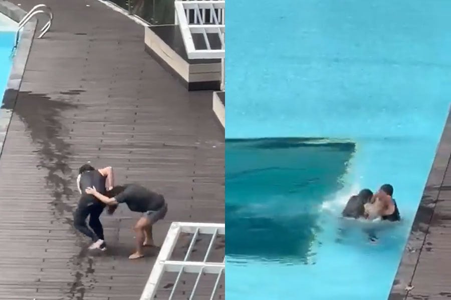 A disturbing video capturing a couple's altercation near a pool at a condominium complex has sparked widespread concern online. PICS SCREEN CAPTURED FROM X VIDEO