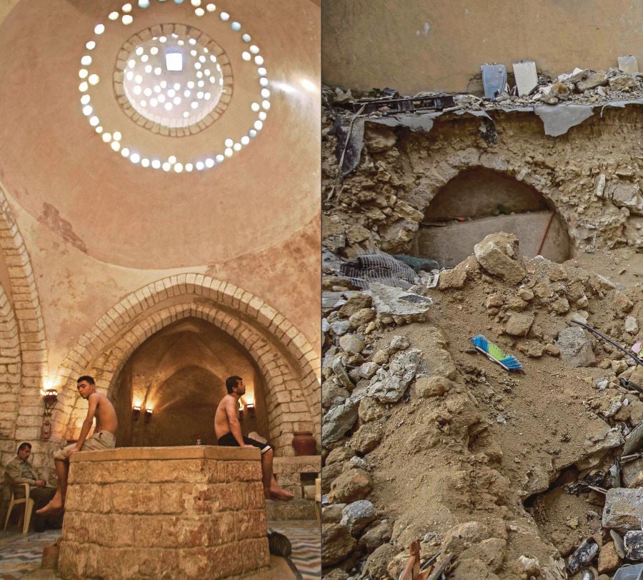 The historic Hammam Al-Samra, Gaza’s only remaining active traditional Turkish bath, pictured in 2005 (left) and in the aftermath of an Israeli strike on Jan 5. - AFP PIC 