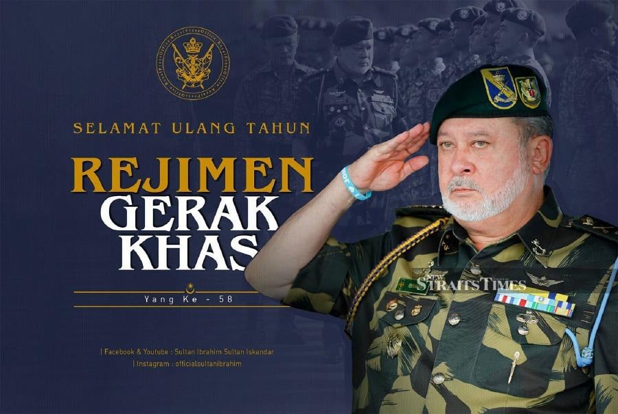 A poster commemorating the 58th anniversary of the Malaysian army special forces featuring Sultan Ibrahim.