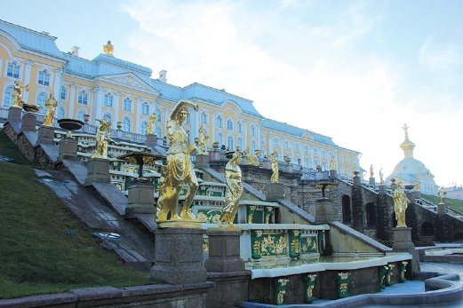 Peterhof Lower Park garden has fountains and flows to sea canal, and are ornamented with gilded statues of gods and heroes from Roman and Greek mythology.