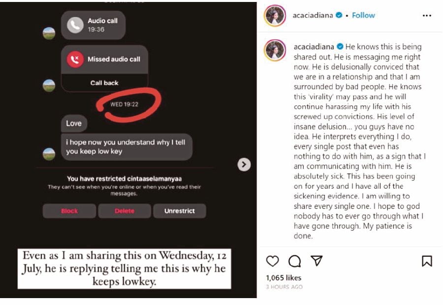 A screengrab of the messages sent by the stalker and an Instagram posting about the stalker by Acacia.