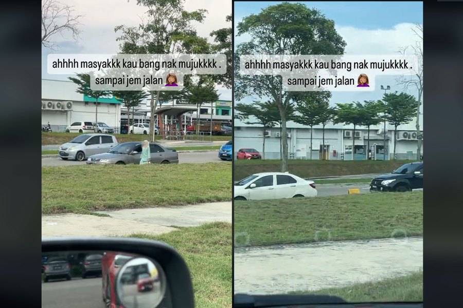 A couple on the road caused a traffic jam in Johor Baru, when a man drove very slowly to persuade his partner to get back into the car. PIC SCREEN CAPTURED FROM TIKTOK VIDEO