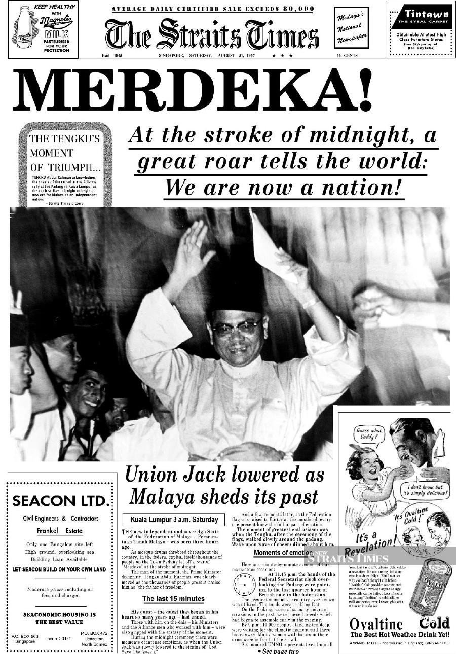 The Straits Times front page story of the birth of a new nation, Federation of Malaya.