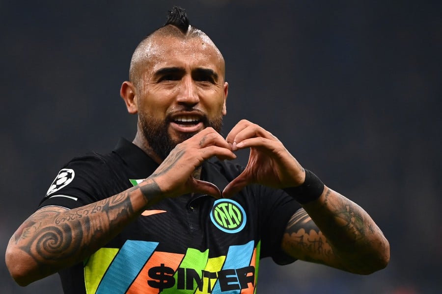 Inter Milan's Chilean midfielder Arturo Vidal celebrates after scoring the 2-1 goal during the UEFA Champions League Group D football match between Inter Milan and FC Sheriff Tiraspol on October 19, 2021 at the Giuseppe-Meazza (San Siro) stadium in Milan. - AFP pic