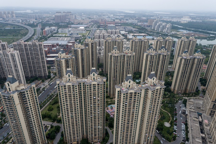 This aerial photo taken on September 28, 2023 shows a housing complex by Chinese property developer Evergrande in Wuhan, in China's central Hubei province. (Photo by AFP) / China OUT