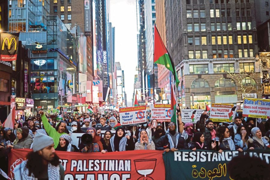 A pro-Palestine rally in New York on Monday. Hamas’ reputation as a resistance movement has not waned internationally despite reports of atrocities in the Oct 7 attacks. AFP PIC 