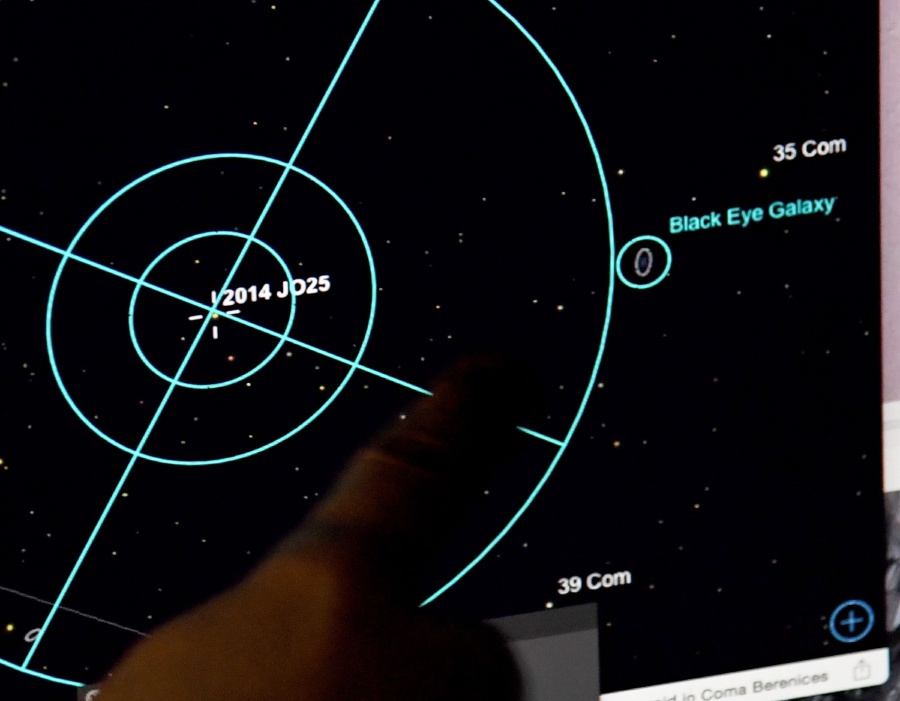 Las Vegas Astronomical Society vice president of special events Keith Caceres uses computer software connected to his telescope to locate asteroid 2014 JO25 outside the Planetarium at the College of Southern Nevada on April 19, 2017 in North Las Vegas, Nevada. The near mile-long asteroid is traveling at 75,000 mph as it passes the Earth's orbit at almost 1.1 million miles from Earth, less than five times the distance from the Earth to the moon. Astronomers at the Catalina Sky Survey in Arizona discovered the asteroid in May 2014, as part of NASA's Near-Earth Object (NEO) Observations Program. It is a contact binary asteroid (two connected rock lobes that were originally separate) giving it a peanut-like shape and is the closest any asteroid this large has approached Earth since September 2004. (AFP photo)