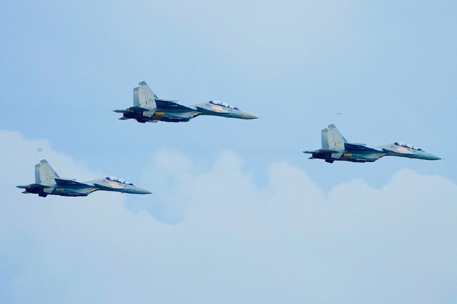 Royal Malaysian Air Force Sukhoi Su-30MKM Flankers in an aerial fly-past over the RMAF Subang base in conjunction with the 50th Golden anniversary of the Five Power Defence Arrangements. -Pic courtesy of the RMAF.