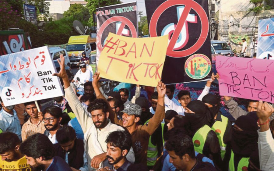 Activists demanding the ban of TikTok in Lahore, Pakistan, on June 18, 2021. AFP PIC